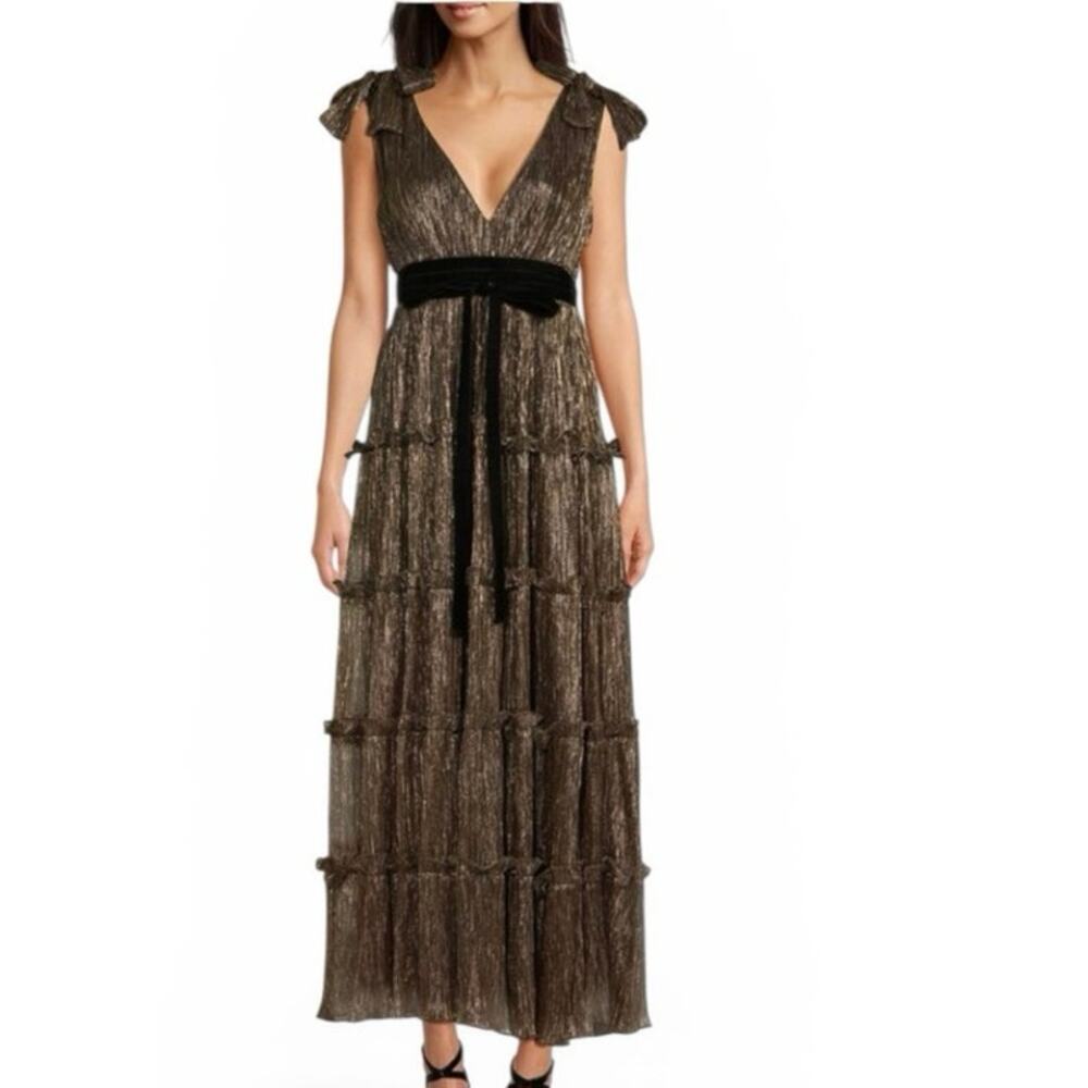 A Love A Metallic Gold Pleated Maxi Dress | Size L | Tie Shoulder Formal